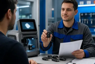 Chaveiro confeccionando uma chave codificada com equipamentos de precisão.