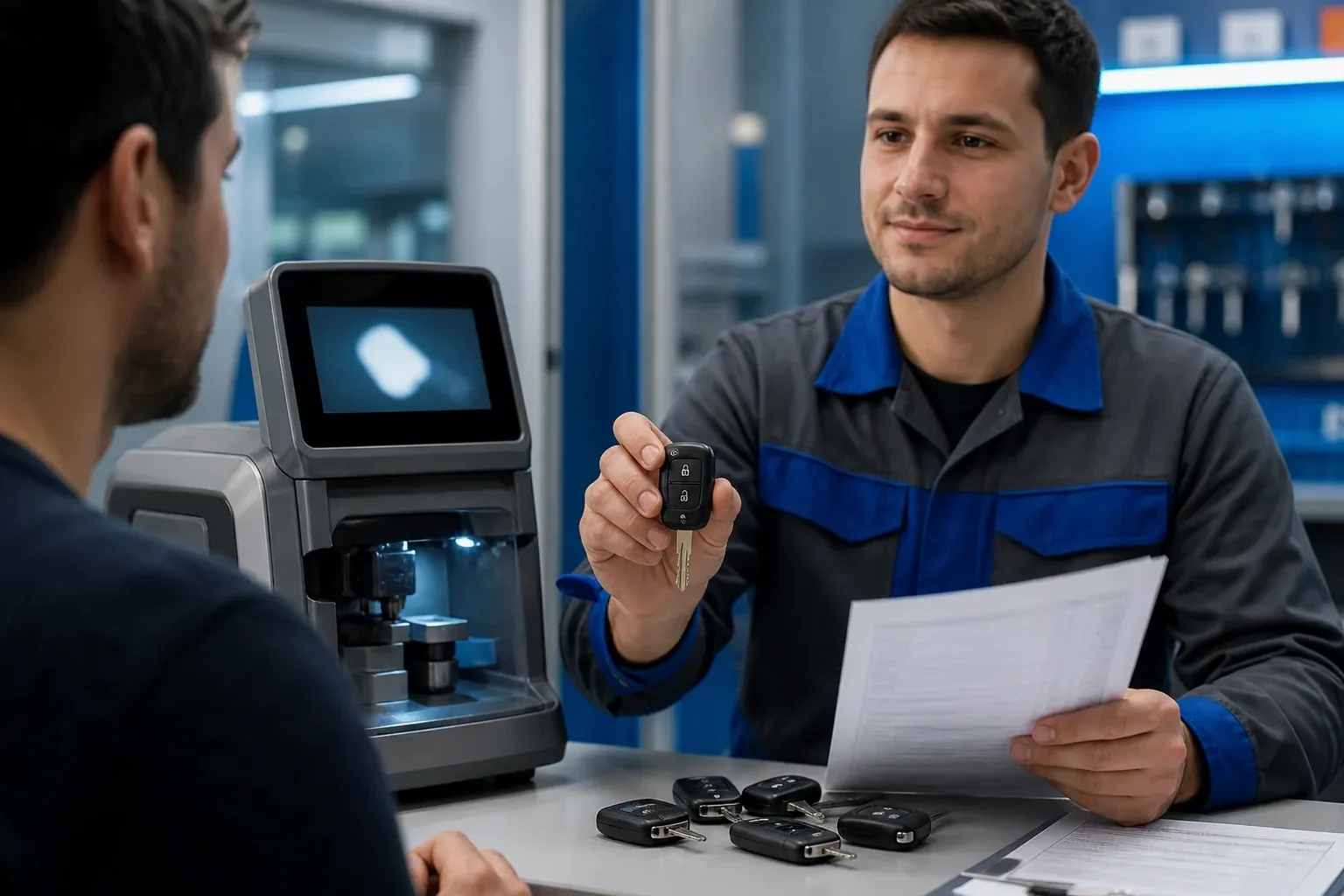 Chaveiro confeccionando uma chave codificada com equipamentos de precisão.