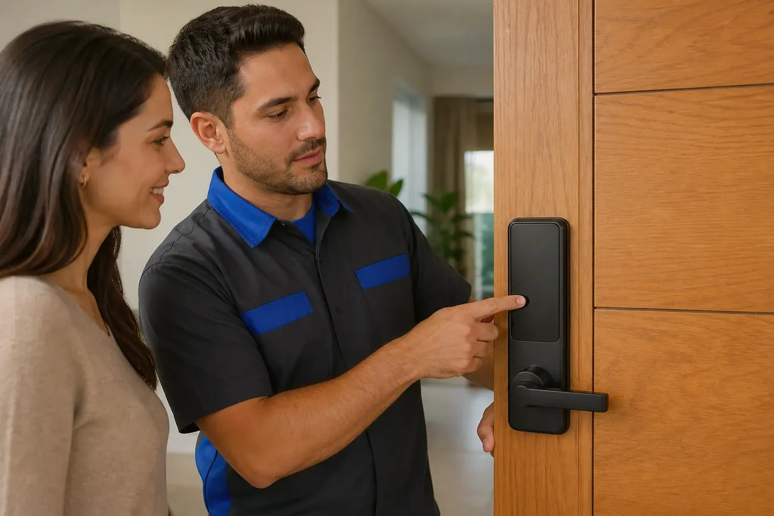 Chaveiro instalando uma fechadura digital em uma entrada residencial.