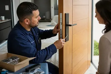 Chaveiro instalando uma fechadura em uma porta com equipamentos especializados.
