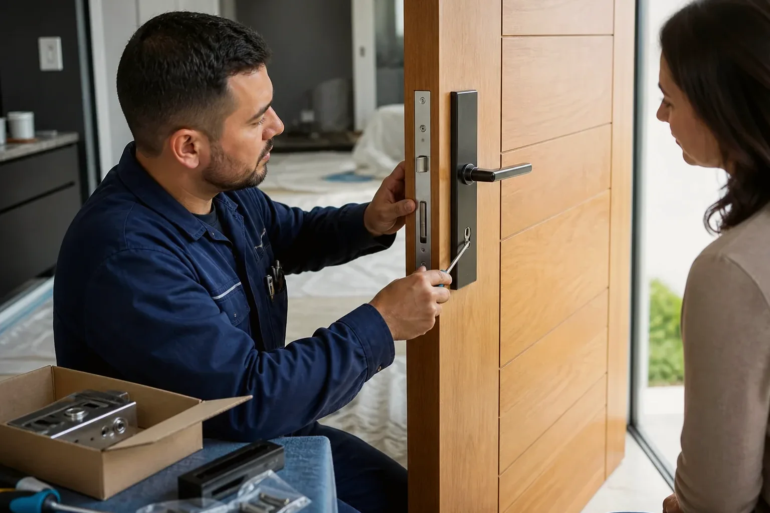 Chaveiro instalando uma fechadura em uma porta com equipamentos especializados.