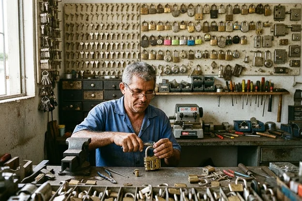 Diferentes tipos de fechaduras dispostas em uma mesa de trabalho em uma oficina de chaveiro.