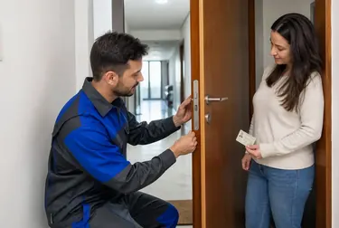 Profissional de chaveiro abrindo uma porta com ferramentas específicas.